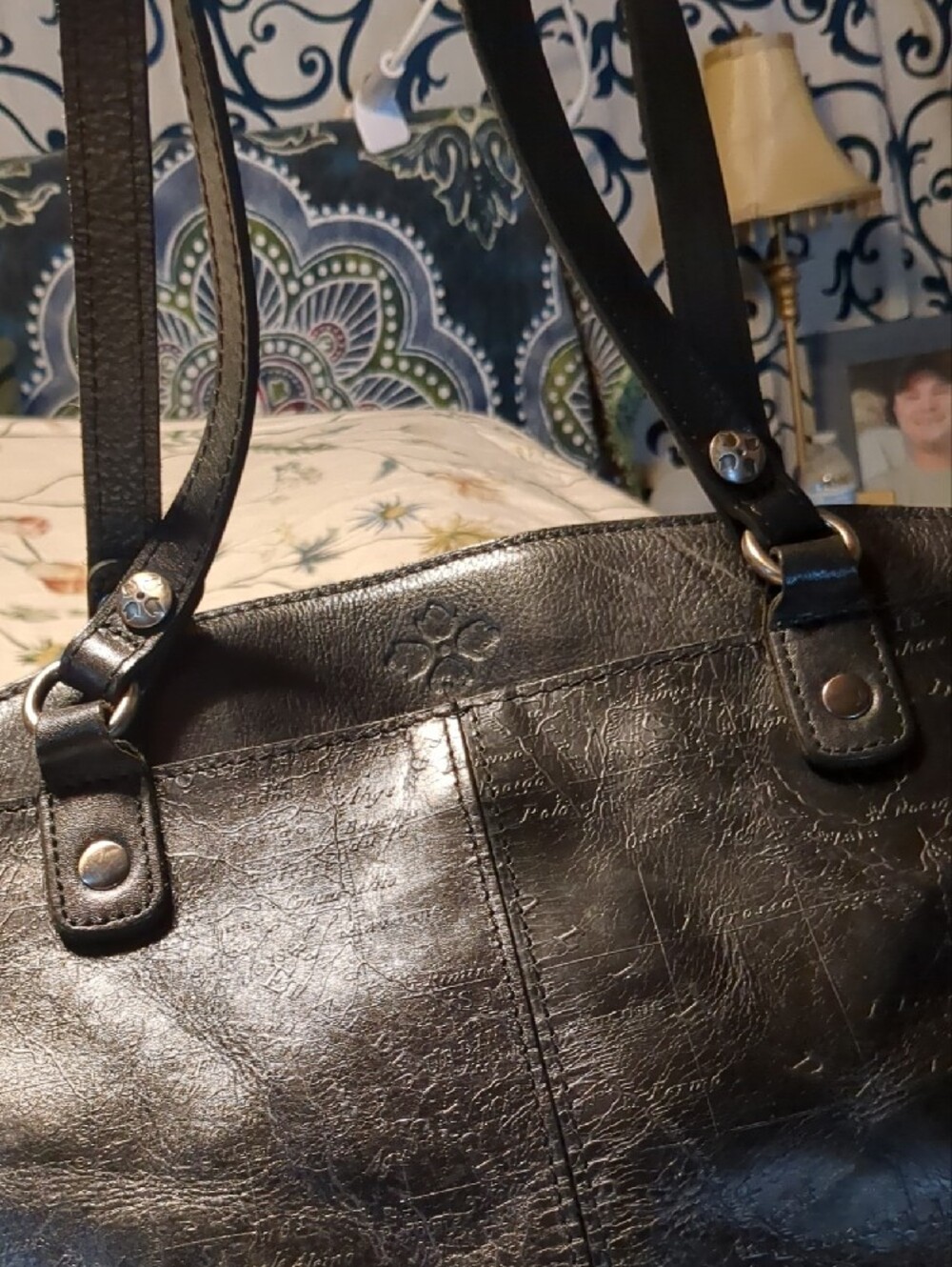 Patricia Nash Classic Black Leather Embossed Tote Bag. - Picture 6 of 12